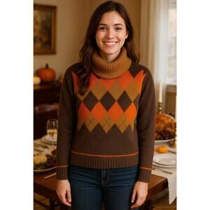 Vtg 90s Rafaella Argyle Lambswool Rabbit Hair Turtleneck Sz M Fall Thanksgiving